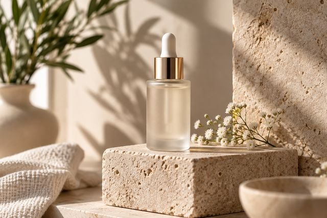 A skincare bottle styled on a neutral set