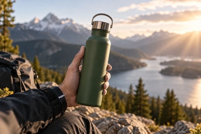 A reusable bottle held up against a mountain landscape