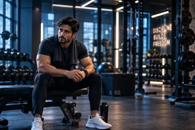 An athlete training in a gym, shot for a fitness campaign