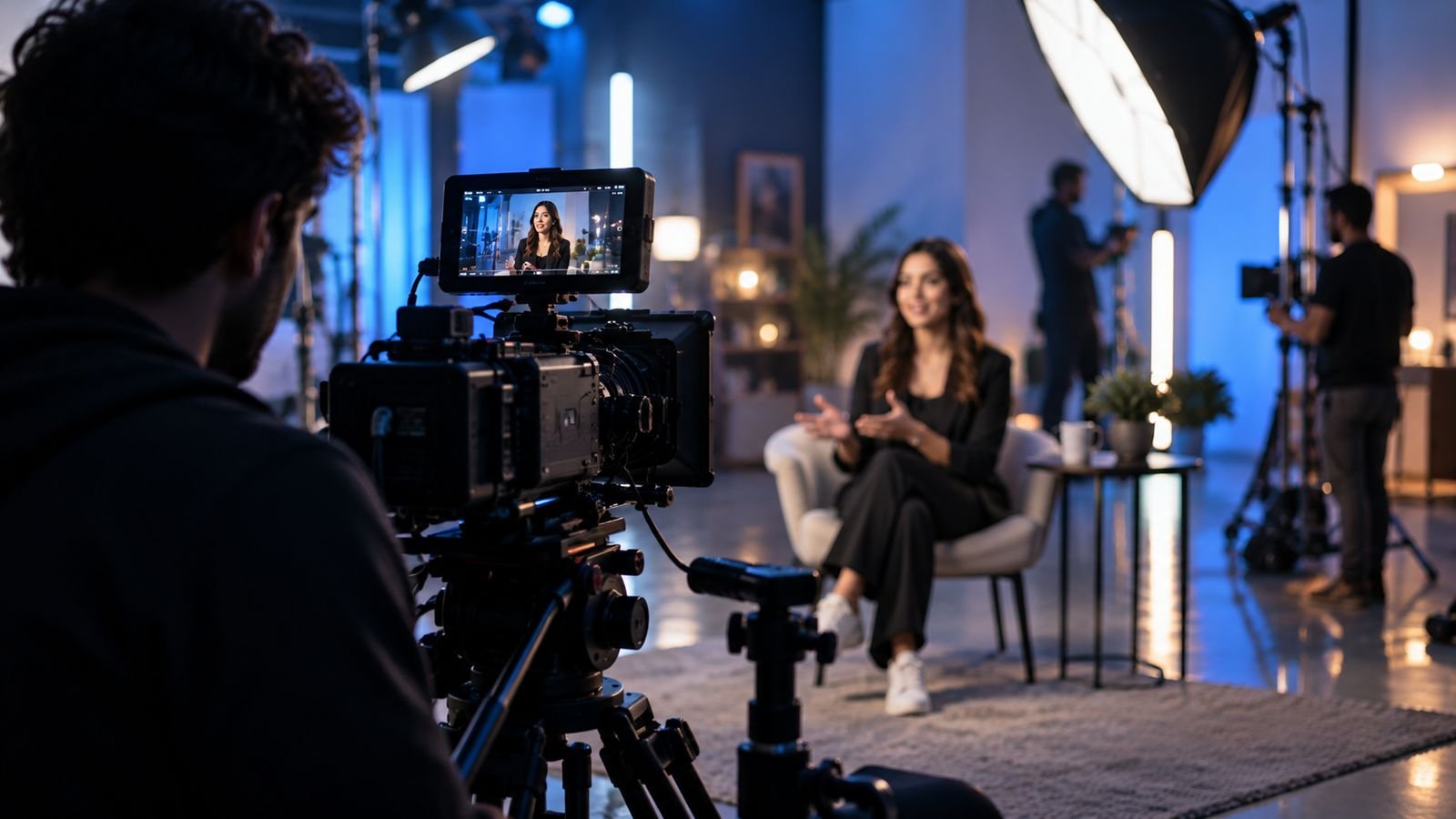 A Super Vision crew filming a creator on set, framed on the camera monitor