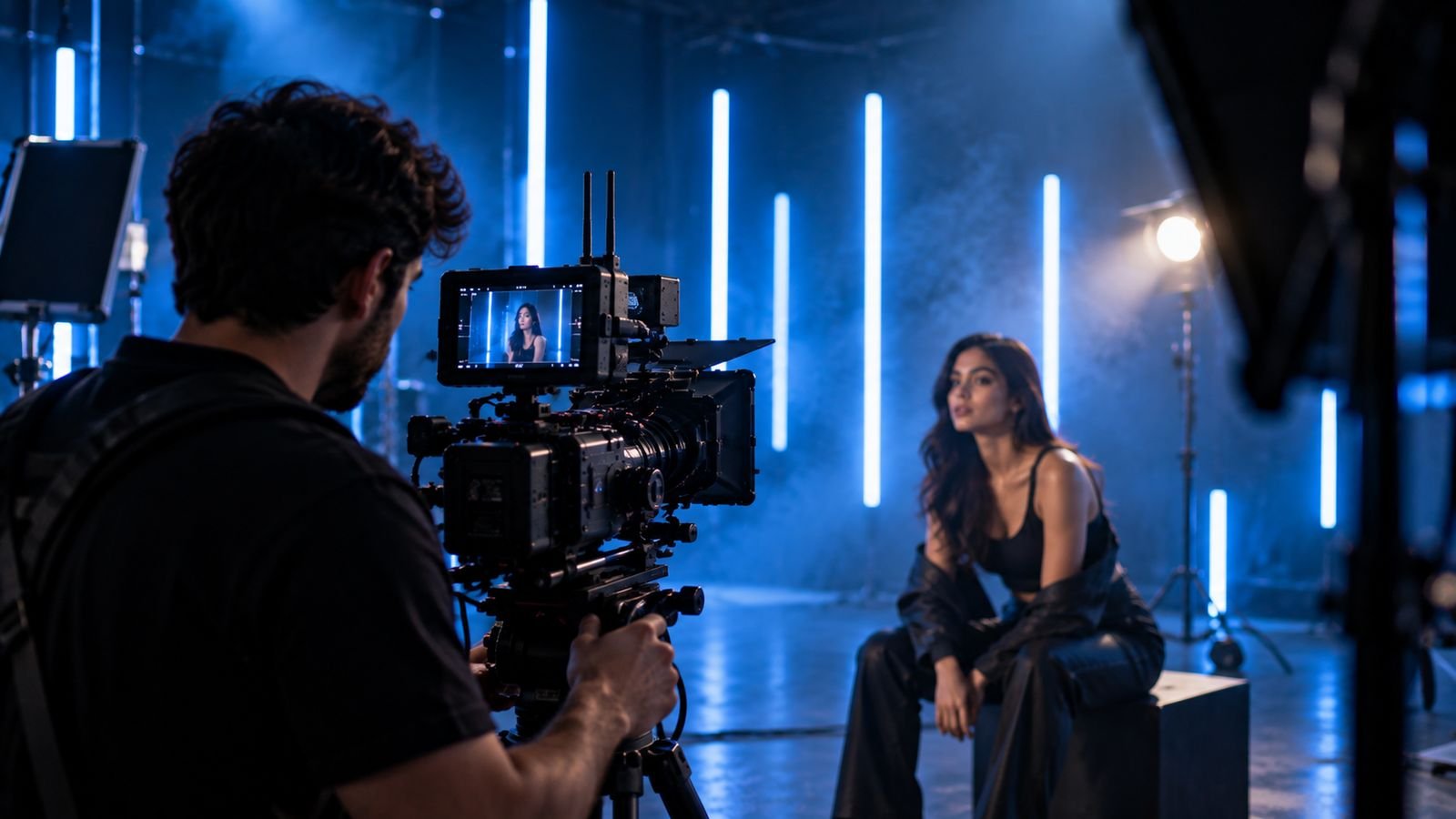 A Super Vision crew filming on a lit set