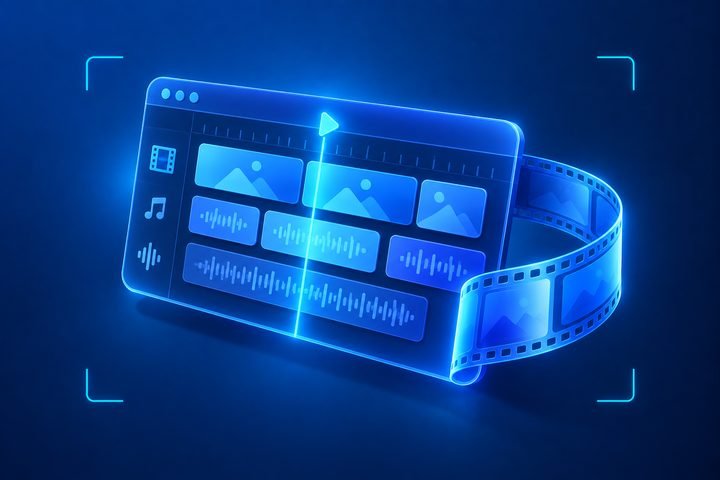 Illustration: an editing timeline with a playhead and a curling film strip