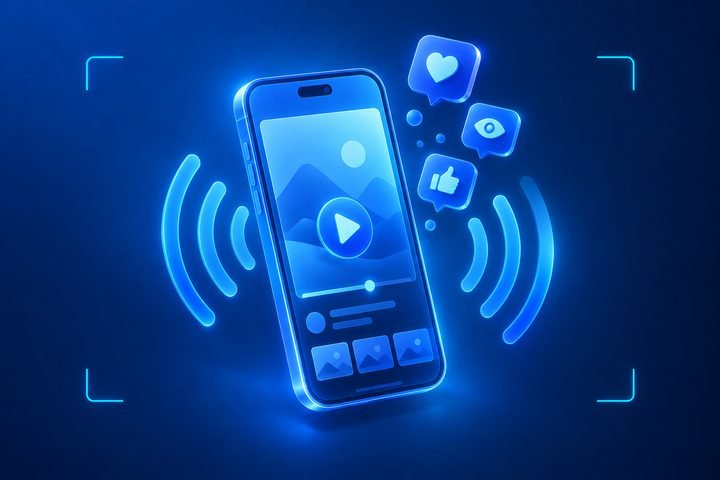 Illustration: a phone playing a video ad with reactions and broadcast waves