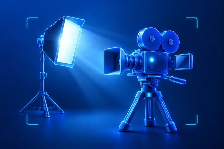 Illustration: a cinema camera on a tripod lit by a softbox