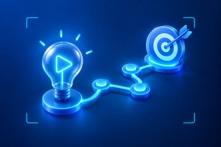 Illustration: a lightbulb idea on a path of milestones leading to a target