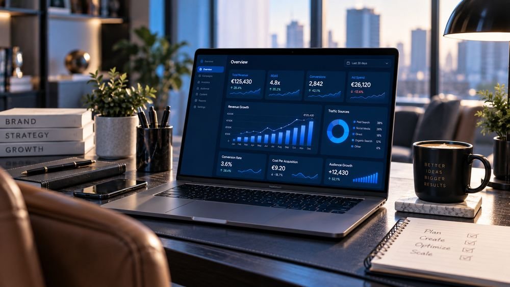 A laptop showing a rising campaign performance dashboard