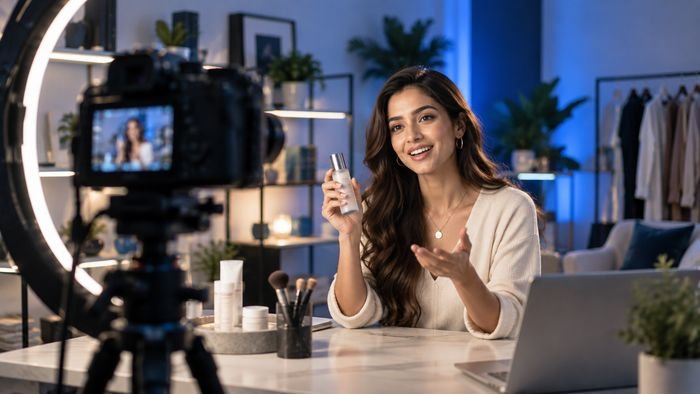 A creator presenting to camera in front of a ring light