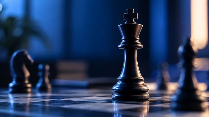 A chess king on a board, lit in blue